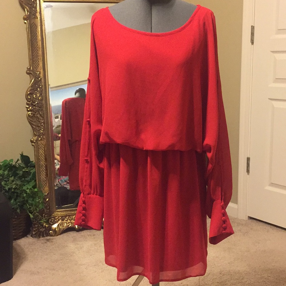 Red San Joy chiffon dress with drape sleeves